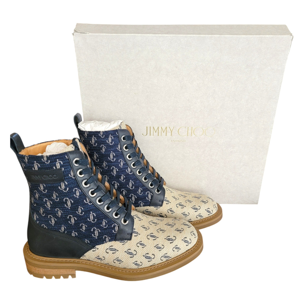 Jimmy Choo Men’s Turing Monogram Combat Boots Logo Blue Tan Lace Up 7.5